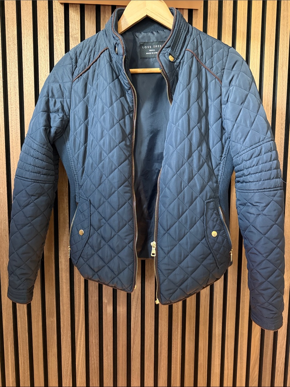 Love Tree Quilted Navy Puffer Jacket with Gold Accents